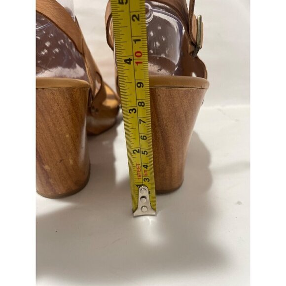 Korks By Korks Easy Womens Tan Laser Cut Leather Wood Platform Sandals size 10 - Picture 5 of 10